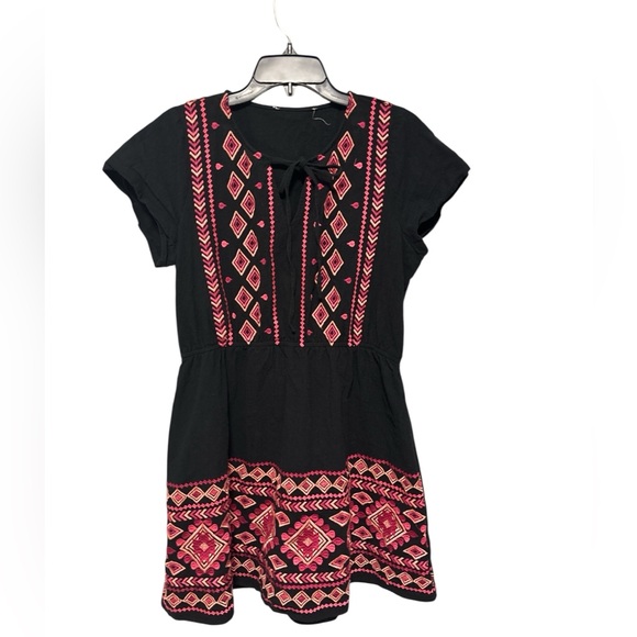 no brand Dresses & Skirts - Black Boho Embroidered Mini Dress | Pink Folk Geometric | Tie Neck Size:L